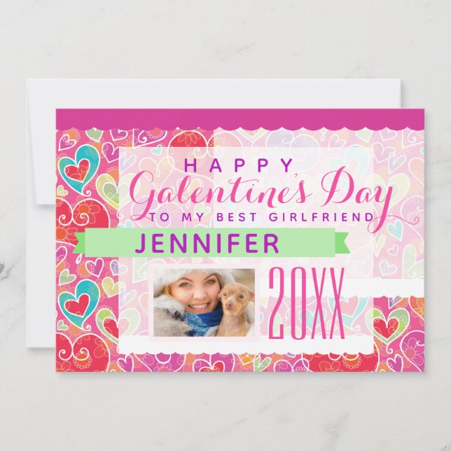 Happy Galentine's Day Pink Hearts Photo Holiday Card (Front)