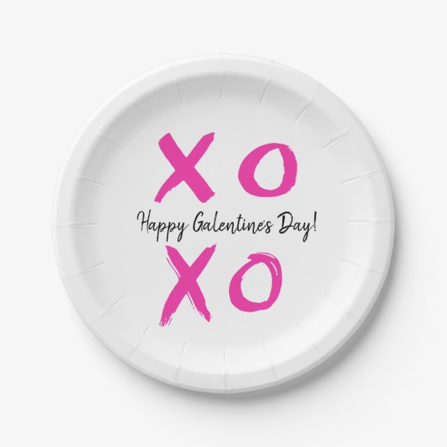 Happy Galentine's Day Pink white XOXO Paper Plate (Front)