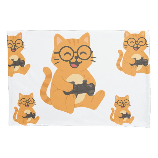 Happy Gamer Cat – Video Game Fun Pillowcase (Front)