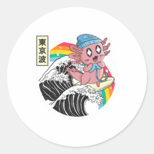 Happy Gaming Axolotl Surfing Kanagawa Wave Kawaii Classic Round Sticker
