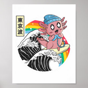 Happy Gaming Axolotl Surfing Kanagawa Wave Kawaii  Poster
