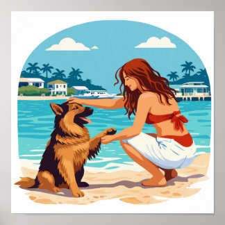 Happy German Shepherd And Woman Bonding On Beach Poster