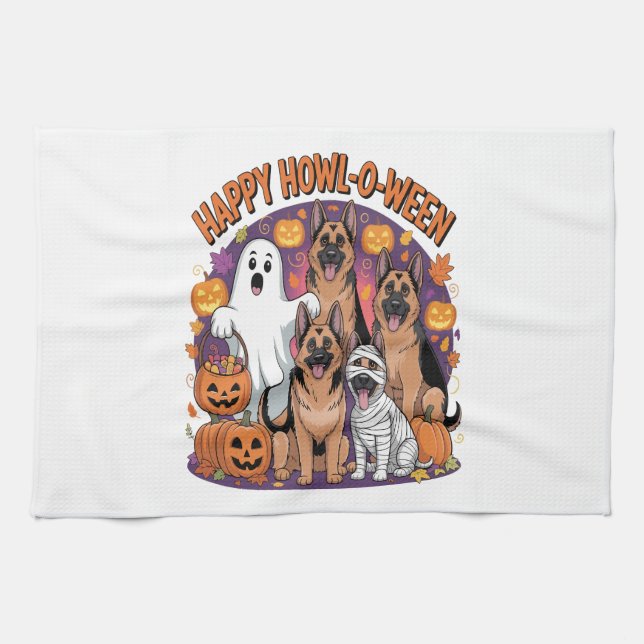 Happy German Shepherd Halloween Kitchen Towel (Horizontal)