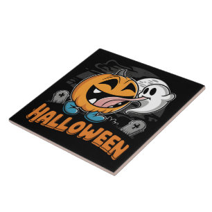 Happy ghost and pumpkin celebrating Halloween fun Tile