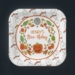 Happy Ghost Birthday Party Paper Plate<br><div class="desc">Are you celebrating a Halloween birthday this year and want a sweet, not spooky, illustrated theme for your party? These extra cute and colourful Halloween themed plates feature hand drawn festive fun! A wreath of jack o lanterns, autumn leaves, and a happy ghost surrounds your customizable details of your celebration!...</div>