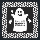 Happy Ghost, Black Halloween Party Square Sticker<br><div class="desc">These stickers are perfect for anyone planning a Halloween celebration. The design features happy ghosts on the front with a tiled ghost pattern and is finished with matching editable wording. This fun design can be personalized to suit your special event and will be the perfect accessory for any Halloween themed...</div>