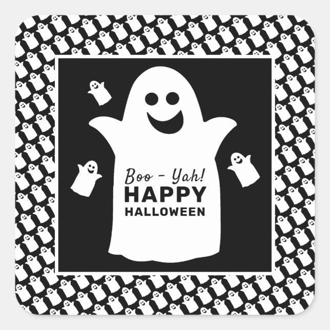 Happy Ghost, Black Halloween Party Square Sticker (Front)