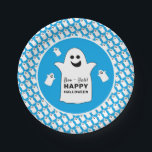 Happy Ghost, Blue Halloween Party Paper Plate<br><div class="desc">These paper plates are perfect for anyone planning a Halloween celebration. The design features happy ghosts on the front with a tiled ghost pattern and is finished with matching editable wording. This fun design can be personalized to suit your special event and will be the perfect accessory for any Halloween...</div>
