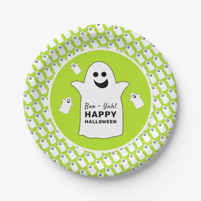 Happy Ghost, Green Halloween Party Paper Plate (Front)