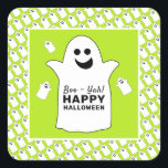 Happy Ghost, Green Halloween Party Square Sticker<br><div class="desc">These stickers are perfect for anyone planning a Halloween celebration. The design features happy ghosts on the front with a tiled ghost pattern and is finished with matching editable wording. This fun design can be personalized to suit your special event and will be the perfect accessory for any Halloween themed...</div>
