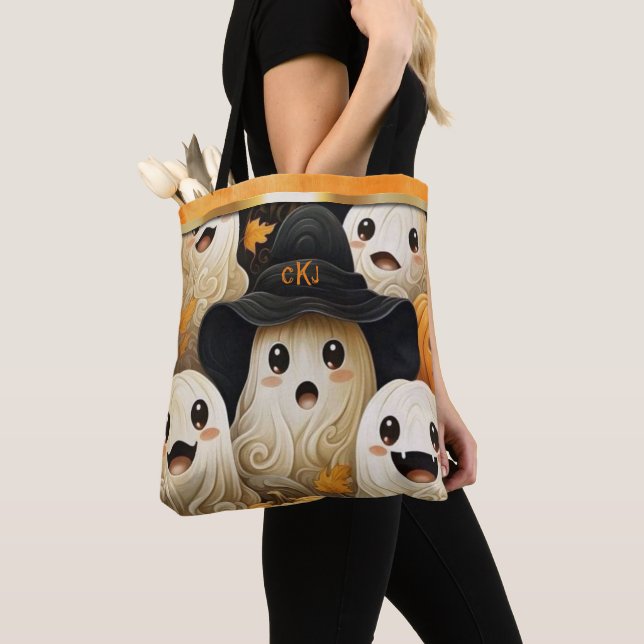 Happy Ghost Halloween Monogram Tote Bag (Close Up)