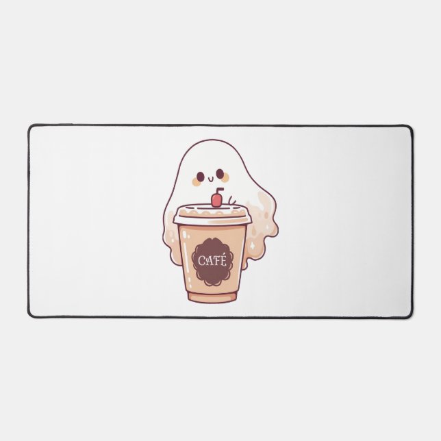 Happy Ghost Loves Coffee Sticker Desk Mat (Front)