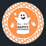 Happy Ghost, Orange Halloween Party Classic Round Sticker<br><div class="desc">These stickers are perfect for anyone planning a Halloween celebration. The design features happy ghosts on the front with a tiled ghost pattern and is finished with matching editable wording. This fun design can be personalized to suit your special event and will be the perfect accessory for any Halloween themed...</div>