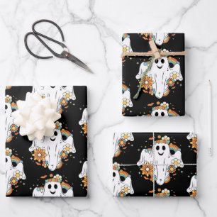 Happy Ghost Retro Hippie Pattern Wrapping Paper Sheet