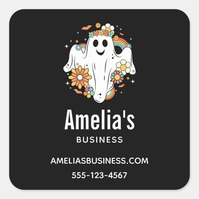  Happy Ghost Retro Hippie Vibe Business Square Sticker (Front)