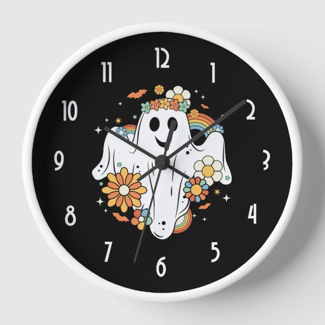 Happy Ghost Retro Hippie Vibe Clock (Front)