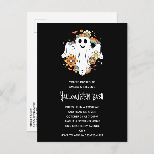 Happy Ghost Retro Hippie Vibe Halloween Invitation Postcard (Front/Back)