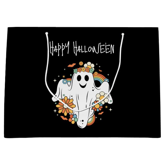 Happy Ghost Retro Hippie Vibe Halloween Large Gift Bag (Front)