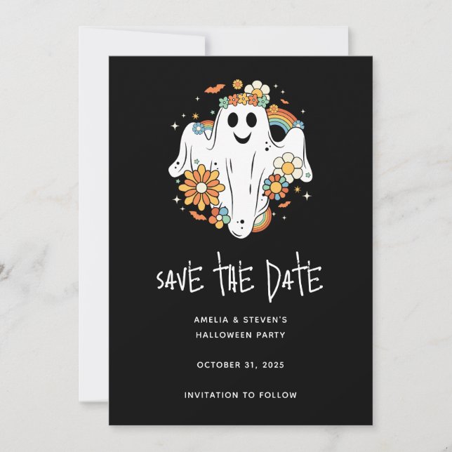 Happy Ghost Retro Hippie Vibe Halloween Save The Date (Front)