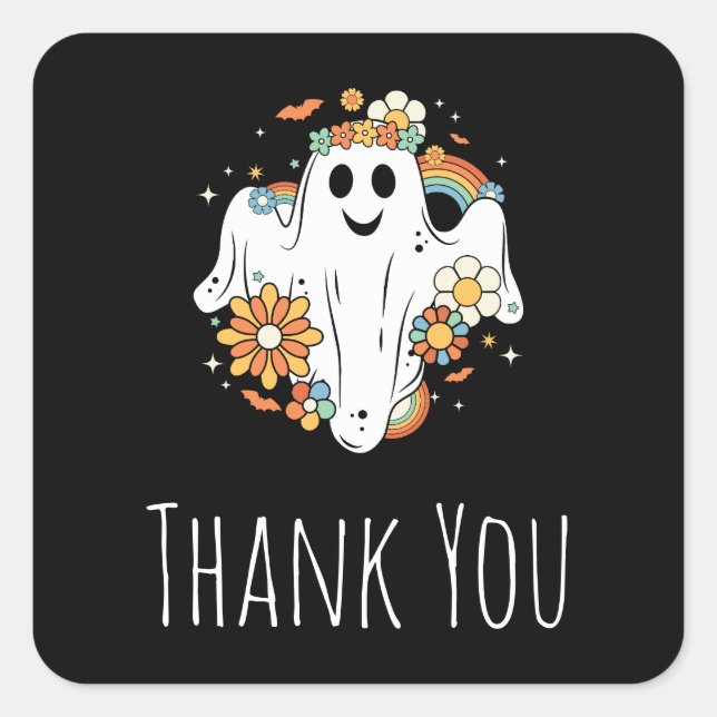 Happy Ghost Retro Hippie Vibe Party Thank You Square Sticker (Front)