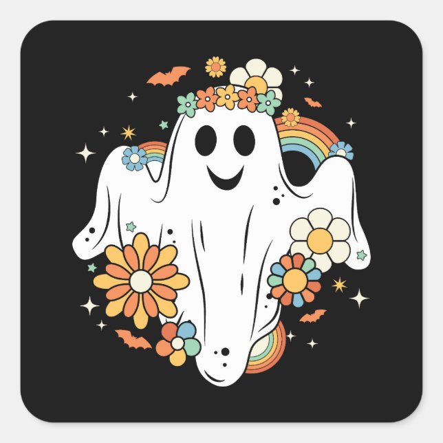 Happy Ghost Retro Hippie Vibe Square Sticker (Front)