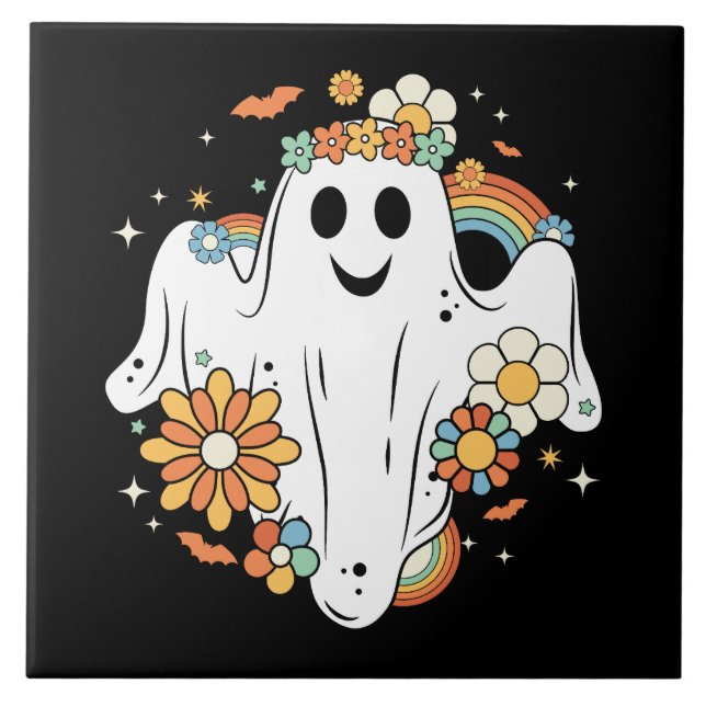Happy Ghost Retro Hippie Vibe Tile (Front)