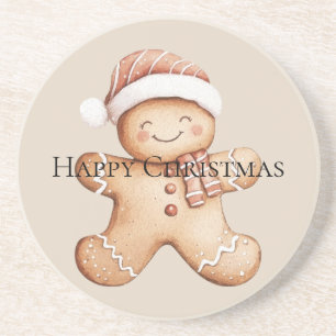 Happy Gingerbread Cookie with Santa Hat Coaster