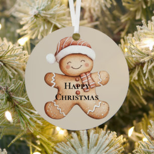 Happy Gingerbread Cookie with Santa Hat Metal Ornament