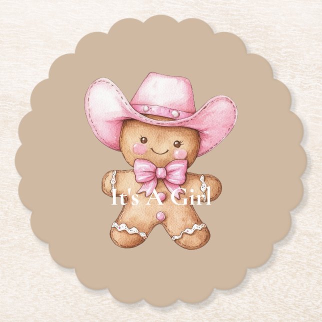 Happy Gingerbread Cowgirl Baby Shower Paper Coaster (Front)