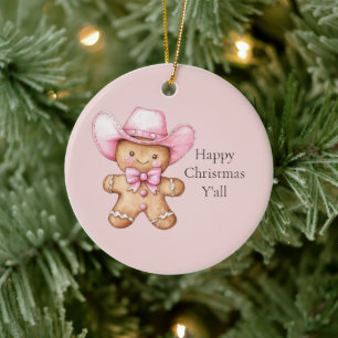 Happy Gingerbread Cowgirl Christmas Ceramic Ornament