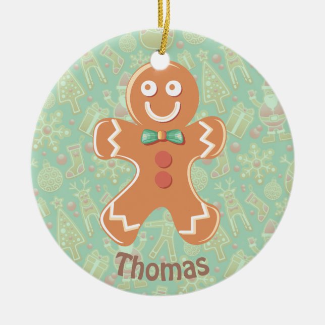 Happy Gingerbread Man Merry Christmas Ceramic Ornament (Front)
