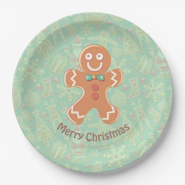 Happy Gingerbread Man Merry Christmas Paper Plate (Front)
