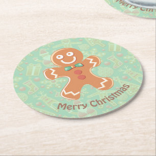 Happy Gingerbread Man Merry Christmas Round Paper Coaster