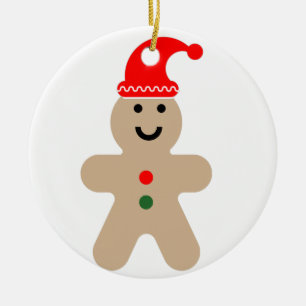 Happy Gingerbread man wearing a Santa hat  Ceramic Ornament
