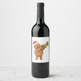Happy Gingerbread Musician Playing Trumpet Xmas Wine Label