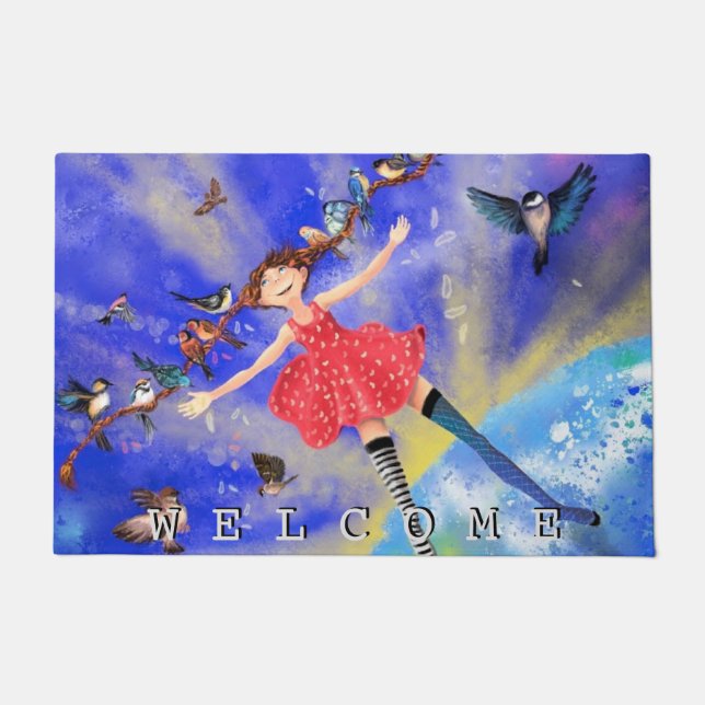 Happy Girl and Birds Doormat (Front)