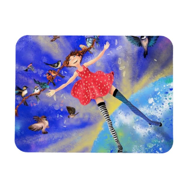 Happy Girl and Birds Magnet - Painting (Horizontal)