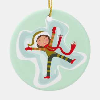 Happy Girl Making Snow Angel Xmas Winter Ceramic Ornament