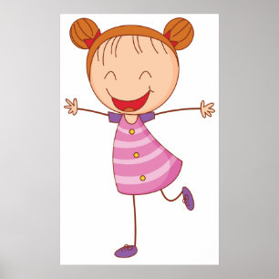 Happy Girl Stick Figure Ginger Hair Buns Poster