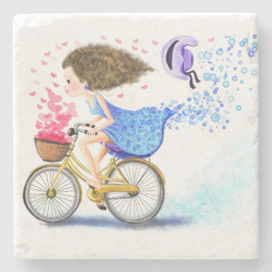 Happy Girl with Bike Stone Coaster
