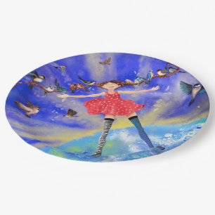 Happy Girl with Birds - Add Your Picture / Text Paper Plate