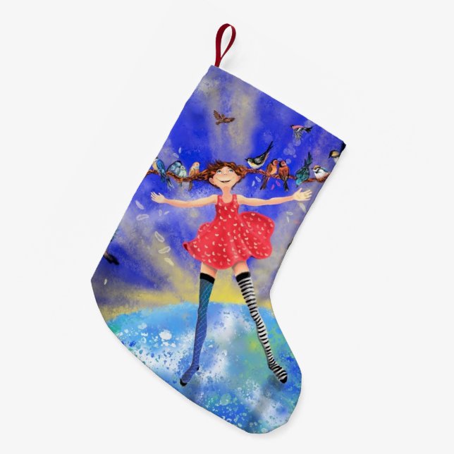 Happy Girl with Birds Christmas Stocking (Front (Hanging))