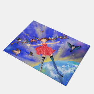 Happy Girl with Birds Doormat