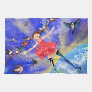 Happy Girl with Birds - Happines - Joy Kitchen Towel