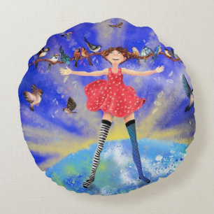 Happy Girl with Birds - Joy - Fun Round Pillow