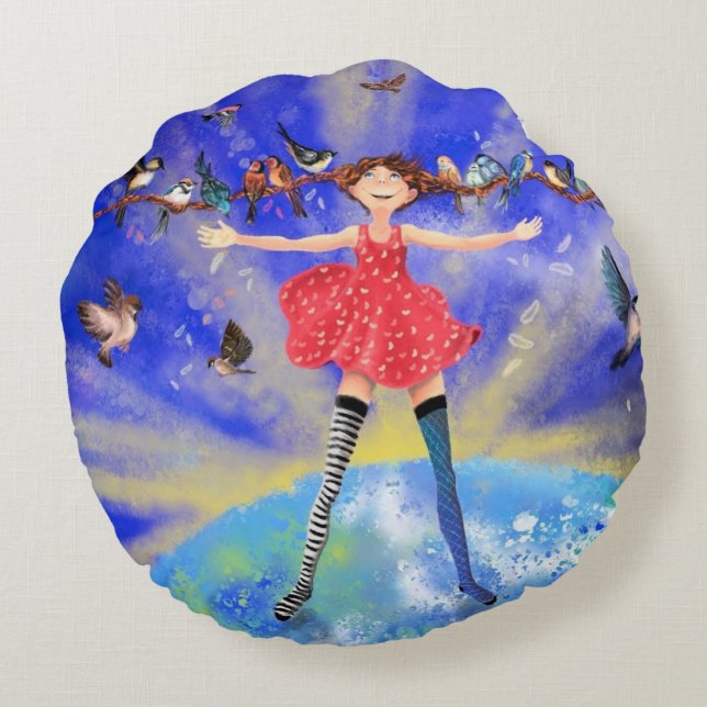 Happy Girl with Birds - Joy - Fun Round Pillow (Back)
