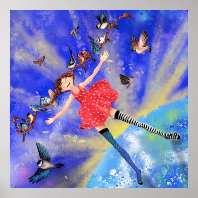 Happy Girl with Birds Poster Happiness (Devant)