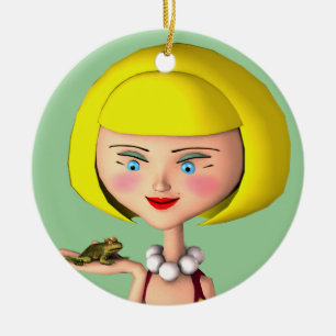 Happy Girl With Frog Prince Ceramic Ornament