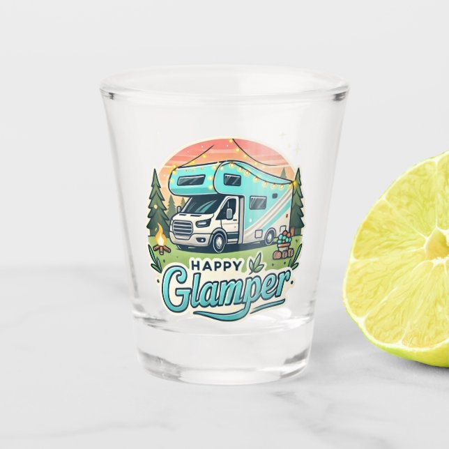 Happy Glamper Shot Glass – Sip in Style (Front)