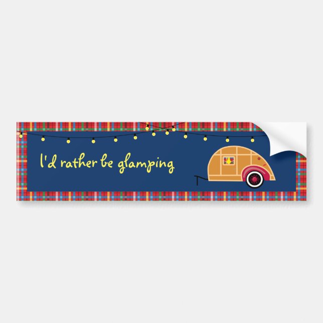 Happy Glamper Woodie Vintage Teardrop Trailer Bumper Sticker (Front)